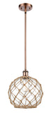516-1S-AC-G122-10RB Stem Hung 10" Antique Copper Mini Pendant - Clear Large Farmhouse Glass with Brown Rope Glass - LED Bulb - Dimmensions: 10 x 10 x 13<br>Minimum Height : 20.75<br>Maximum Height : 44.75 - Sloped Ceiling Compatible: Yes