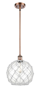 Stem Hung 10" Antique Copper Mini Pendant - Clear Large Farmhouse Glass with White Rope Glass LED