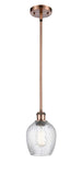 516-1S-AC-G292 Stem Hung 5" Antique Copper Mini Pendant - Clear Spiral Fluted Salina Glass - LED Bulb - Dimmensions: 5 x 5 x 10<br>Minimum Height : 17.75<br>Maximum Height : 41.75 - Sloped Ceiling Compatible: Yes