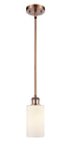516-1S-AC-G801 Stem Hung 3.875" Antique Copper Mini Pendant - Matte White Clymer Glass - LED Bulb - Dimmensions: 3.875 x 3.875 x 10<br>Minimum Height : 17.75<br>Maximum Height : 41.75 - Sloped Ceiling Compatible: Yes