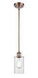 516-1S-AC-G802 Stem Hung 3.875" Antique Copper Mini Pendant - Clear Clymer Glass - LED Bulb - Dimmensions: 3.875 x 3.875 x 10<br>Minimum Height : 17.75<br>Maximum Height : 41.75 - Sloped Ceiling Compatible: Yes