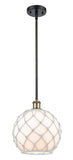 516-1S-BAB-G121-10RW Stem Hung 10" Black Antique Brass Mini Pendant - White Large Farmhouse Glass with White Rope Glass - LED Bulb - Dimmensions: 10 x 10 x 13<br>Minimum Height : 20.75<br>Maximum Height : 44.75 - Sloped Ceiling Compatible: Yes