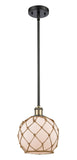 516-1S-BAB-G121-8RB Stem Hung 8" Black Antique Brass Mini Pendant - White Farmhouse Glass with Brown Rope Glass - LED Bulb - Dimmensions: 8 x 8 x 10<br>Minimum Height : 18.75<br>Maximum Height : 42.75 - Sloped Ceiling Compatible: Yes