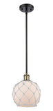 516-1S-BAB-G121-8RW Stem Hung 8" Black Antique Brass Mini Pendant - White Farmhouse Glass with White Rope Glass - LED Bulb - Dimmensions: 8 x 8 x 10<br>Minimum Height : 18.75<br>Maximum Height : 42.75 - Sloped Ceiling Compatible: Yes
