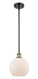 516-1S-BAB-G121-8 Stem Hung 8" Black Antique Brass Mini Pendant - Cased Matte White Athens Glass - LED Bulb - Dimmensions: 8 x 8 x 10<br>Minimum Height : 18.75<br>Maximum Height : 42.75 - Sloped Ceiling Compatible: Yes