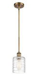 516-1S-BB-G1113 Stem Hung 5" Brushed Brass Mini Pendant - Deco Swirl Cobbleskill Glass - LED Bulb - Dimmensions: 5 x 5 x 8<br>Minimum Height : 17.75<br>Maximum Height : 41.75 - Sloped Ceiling Compatible: Yes