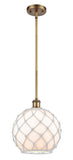 516-1S-BB-G121-10RW Stem Hung 10" Brushed Brass Mini Pendant - White Large Farmhouse Glass with White Rope Glass - LED Bulb - Dimmensions: 10 x 10 x 13<br>Minimum Height : 20.75<br>Maximum Height : 44.75 - Sloped Ceiling Compatible: Yes