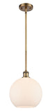 516-1S-BB-G121-10 Stem Hung 10" Brushed Brass Mini Pendant - Cased Matte White Large Athens Glass - LED Bulb - Dimmensions: 10 x 10 x 13<br>Minimum Height : 20.75<br>Maximum Height : 44.75 - Sloped Ceiling Compatible: Yes