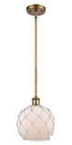 516-1S-BB-G121-8RW Stem Hung 8" Brushed Brass Mini Pendant - White Farmhouse Glass with White Rope Glass - LED Bulb - Dimmensions: 8 x 8 x 10<br>Minimum Height : 18.75<br>Maximum Height : 42.75 - Sloped Ceiling Compatible: Yes