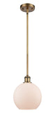 516-1S-BB-G121-8 Stem Hung 8" Brushed Brass Mini Pendant - Cased Matte White Athens Glass - LED Bulb - Dimmensions: 8 x 8 x 10<br>Minimum Height : 18.75<br>Maximum Height : 42.75 - Sloped Ceiling Compatible: Yes