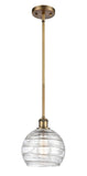 516-1S-BB-G1213-8 Stem Hung 8" Brushed Brass Mini Pendant - Clear Athens Deco Swirl 8" Glass - LED Bulb - Dimmensions: 8 x 8 x 10<br>Minimum Height : 18.75<br>Maximum Height : 42.75 - Sloped Ceiling Compatible: Yes