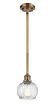 516-1S-BB-G1214-6 Stem Hung 6" Brushed Brass Mini Pendant - Clear Athens Twisted Swirl 6" Glass - LED Bulb - Dimmensions: 6 x 6 x 8<br>Minimum Height : 18.75<br>Maximum Height : 42.75 - Sloped Ceiling Compatible: Yes
