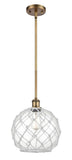 516-1S-BB-G122-10RW Stem Hung 10" Brushed Brass Mini Pendant - Clear Large Farmhouse Glass with White Rope Glass - LED Bulb - Dimmensions: 10 x 10 x 13<br>Minimum Height : 20.75<br>Maximum Height : 44.75 - Sloped Ceiling Compatible: Yes