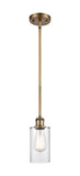 516-1S-BB-G802 Stem Hung 3.875" Brushed Brass Mini Pendant - Clear Clymer Glass - LED Bulb - Dimmensions: 3.875 x 3.875 x 10<br>Minimum Height : 17.75<br>Maximum Height : 41.75 - Sloped Ceiling Compatible: Yes