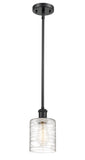 516-1S-BK-G1113 Stem Hung 5" Matte Black Mini Pendant - Deco Swirl Cobbleskill Glass - LED Bulb - Dimmensions: 5 x 5 x 8<br>Minimum Height : 17.75<br>Maximum Height : 41.75 - Sloped Ceiling Compatible: Yes