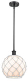 516-1S-BK-G121-10RW Stem Hung 10" Matte Black Mini Pendant - White Large Farmhouse Glass with White Rope Glass - LED Bulb - Dimmensions: 10 x 10 x 13<br>Minimum Height : 20.75<br>Maximum Height : 44.75 - Sloped Ceiling Compatible: Yes