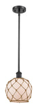 516-1S-BK-G121-8RB Stem Hung 8" Matte Black Mini Pendant - White Farmhouse Glass with Brown Rope Glass - LED Bulb - Dimmensions: 8 x 8 x 10<br>Minimum Height : 18.75<br>Maximum Height : 42.75 - Sloped Ceiling Compatible: Yes