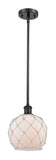 516-1S-BK-G121-8RW Stem Hung 8" Matte Black Mini Pendant - White Farmhouse Glass with White Rope Glass - LED Bulb - Dimmensions: 8 x 8 x 10<br>Minimum Height : 18.75<br>Maximum Height : 42.75 - Sloped Ceiling Compatible: Yes