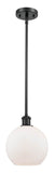 516-1S-BK-G121-8 Stem Hung 8" Matte Black Mini Pendant - Cased Matte White Athens Glass - LED Bulb - Dimmensions: 8 x 8 x 10<br>Minimum Height : 18.75<br>Maximum Height : 42.75 - Sloped Ceiling Compatible: Yes