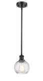 516-1S-BK-G1214-6 Stem Hung 6" Matte Black Mini Pendant - Clear Athens Twisted Swirl 6" Glass - LED Bulb - Dimmensions: 6 x 6 x 8<br>Minimum Height : 18.75<br>Maximum Height : 42.75 - Sloped Ceiling Compatible: Yes