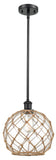 516-1S-BK-G122-10RB Stem Hung 10" Matte Black Mini Pendant - Clear Large Farmhouse Glass with Brown Rope Glass - LED Bulb - Dimmensions: 10 x 10 x 13<br>Minimum Height : 20.75<br>Maximum Height : 44.75 - Sloped Ceiling Compatible: Yes