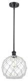 516-1S-BK-G122-10RW Stem Hung 10" Matte Black Mini Pendant - Clear Large Farmhouse Glass with White Rope Glass - LED Bulb - Dimmensions: 10 x 10 x 13<br>Minimum Height : 20.75<br>Maximum Height : 44.75 - Sloped Ceiling Compatible: Yes