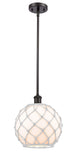 516-1S-OB-G121-10RW Stem Hung 10" Oil Rubbed Bronze Mini Pendant - White Large Farmhouse Glass with White Rope Glass - LED Bulb - Dimmensions: 10 x 10 x 13<br>Minimum Height : 20.75<br>Maximum Height : 44.75 - Sloped Ceiling Compatible: Yes