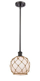 516-1S-OB-G121-8RB Stem Hung 8" Oil Rubbed Bronze Mini Pendant - White Farmhouse Glass with Brown Rope Glass - LED Bulb - Dimmensions: 8 x 8 x 10<br>Minimum Height : 18.75<br>Maximum Height : 42.75 - Sloped Ceiling Compatible: Yes