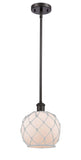 516-1S-OB-G121-8RW Stem Hung 8" Oil Rubbed Bronze Mini Pendant - White Farmhouse Glass with White Rope Glass - LED Bulb - Dimmensions: 8 x 8 x 10<br>Minimum Height : 18.75<br>Maximum Height : 42.75 - Sloped Ceiling Compatible: Yes