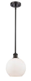 516-1S-OB-G121-8 Stem Hung 8" Oil Rubbed Bronze Mini Pendant - Cased Matte White Athens Glass - LED Bulb - Dimmensions: 8 x 8 x 10<br>Minimum Height : 18.75<br>Maximum Height : 42.75 - Sloped Ceiling Compatible: Yes