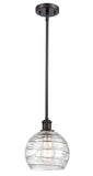 516-1S-OB-G1213-8 Stem Hung 8" Oil Rubbed Bronze Mini Pendant - Clear Athens Deco Swirl 8" Glass - LED Bulb - Dimmensions: 8 x 8 x 10<br>Minimum Height : 18.75<br>Maximum Height : 42.75 - Sloped Ceiling Compatible: Yes