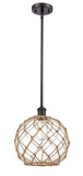 516-1S-OB-G122-10RB Stem Hung 10" Oil Rubbed Bronze Mini Pendant - Clear Large Farmhouse Glass with Brown Rope Glass - LED Bulb - Dimmensions: 10 x 10 x 13<br>Minimum Height : 20.75<br>Maximum Height : 44.75 - Sloped Ceiling Compatible: Yes