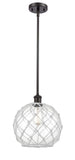 516-1S-OB-G122-10RW Stem Hung 10" Oil Rubbed Bronze Mini Pendant - Clear Large Farmhouse Glass with White Rope Glass - LED Bulb - Dimmensions: 10 x 10 x 13<br>Minimum Height : 20.75<br>Maximum Height : 44.75 - Sloped Ceiling Compatible: Yes