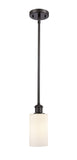 516-1S-OB-G801 Stem Hung 3.875" Oil Rubbed Bronze Mini Pendant - Matte White Clymer Glass - LED Bulb - Dimmensions: 3.875 x 3.875 x 10<br>Minimum Height : 17.75<br>Maximum Height : 41.75 - Sloped Ceiling Compatible: Yes