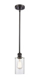 516-1S-OB-G802 Stem Hung 3.875" Oil Rubbed Bronze Mini Pendant - Clear Clymer Glass - LED Bulb - Dimmensions: 3.875 x 3.875 x 10<br>Minimum Height : 17.75<br>Maximum Height : 41.75 - Sloped Ceiling Compatible: Yes