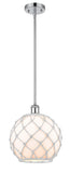 516-1S-PC-G121-10RW Stem Hung 10" Polished Chrome Mini Pendant - White Large Farmhouse Glass with White Rope Glass - LED Bulb - Dimmensions: 10 x 10 x 13<br>Minimum Height : 20.75<br>Maximum Height : 44.75 - Sloped Ceiling Compatible: Yes