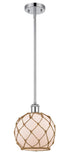516-1S-PC-G121-8RB Stem Hung 8" Polished Chrome Mini Pendant - White Farmhouse Glass with Brown Rope Glass - LED Bulb - Dimmensions: 8 x 8 x 10<br>Minimum Height : 18.75<br>Maximum Height : 42.75 - Sloped Ceiling Compatible: Yes