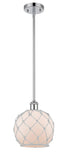 516-1S-PC-G121-8RW Stem Hung 8" Polished Chrome Mini Pendant - White Farmhouse Glass with White Rope Glass - LED Bulb - Dimmensions: 8 x 8 x 10<br>Minimum Height : 18.75<br>Maximum Height : 42.75 - Sloped Ceiling Compatible: Yes