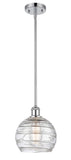 516-1S-PC-G1213-8 Stem Hung 8" Polished Chrome Mini Pendant - Clear Athens Deco Swirl 8" Glass - LED Bulb - Dimmensions: 8 x 8 x 10<br>Minimum Height : 18.75<br>Maximum Height : 42.75 - Sloped Ceiling Compatible: Yes