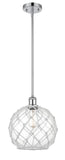 516-1S-PC-G122-10RW Stem Hung 10" Polished Chrome Mini Pendant - Clear Large Farmhouse Glass with White Rope Glass - LED Bulb - Dimmensions: 10 x 10 x 13<br>Minimum Height : 20.75<br>Maximum Height : 44.75 - Sloped Ceiling Compatible: Yes