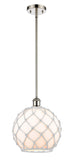 516-1S-PN-G121-10RW Stem Hung 10" Polished Nickel Mini Pendant - White Large Farmhouse Glass with White Rope Glass - LED Bulb - Dimmensions: 10 x 10 x 13<br>Minimum Height : 20.75<br>Maximum Height : 44.75 - Sloped Ceiling Compatible: Yes