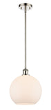 516-1S-PN-G121-10 Stem Hung 10" Polished Nickel Mini Pendant - Cased Matte White Large Athens Glass - LED Bulb - Dimmensions: 10 x 10 x 13<br>Minimum Height : 20.75<br>Maximum Height : 44.75 - Sloped Ceiling Compatible: Yes
