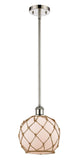 516-1S-PN-G121-8RB Stem Hung 8" Polished Nickel Mini Pendant - White Farmhouse Glass with Brown Rope Glass - LED Bulb - Dimmensions: 8 x 8 x 10<br>Minimum Height : 18.75<br>Maximum Height : 42.75 - Sloped Ceiling Compatible: Yes