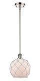 516-1S-PN-G121-8RW Stem Hung 8" Polished Nickel Mini Pendant - White Farmhouse Glass with White Rope Glass - LED Bulb - Dimmensions: 8 x 8 x 10<br>Minimum Height : 18.75<br>Maximum Height : 42.75 - Sloped Ceiling Compatible: Yes