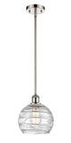 516-1S-PN-G1213-8 Stem Hung 8" Polished Nickel Mini Pendant - Clear Athens Deco Swirl 8" Glass - LED Bulb - Dimmensions: 8 x 8 x 10<br>Minimum Height : 18.75<br>Maximum Height : 42.75 - Sloped Ceiling Compatible: Yes