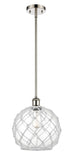 516-1S-PN-G122-10RW Stem Hung 10" Polished Nickel Mini Pendant - Clear Large Farmhouse Glass with White Rope Glass - LED Bulb - Dimmensions: 10 x 10 x 13<br>Minimum Height : 20.75<br>Maximum Height : 44.75 - Sloped Ceiling Compatible: Yes