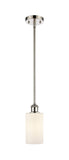 516-1S-PN-G801 Stem Hung 3.875" Polished Nickel Mini Pendant - Matte White Clymer Glass - LED Bulb - Dimmensions: 3.875 x 3.875 x 10<br>Minimum Height : 17.75<br>Maximum Height : 41.75 - Sloped Ceiling Compatible: Yes