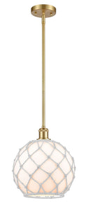 Stem Hung 10" Satin Gold Mini Pendant - White Large Farmhouse Glass with White Rope Glass - LED Bulb Included