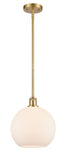 516-1S-SG-G121-10 Stem Hung 10" Satin Gold Mini Pendant - Cased Matte White Large Athens Glass - LED Bulb - Dimmensions: 10 x 10 x 13<br>Minimum Height : 20.75<br>Maximum Height : 44.75 - Sloped Ceiling Compatible: Yes