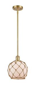 Stem Hung 8" Satin Gold Mini Pendant - White Farmhouse Glass with Brown Rope Glass - LED Bulb Included